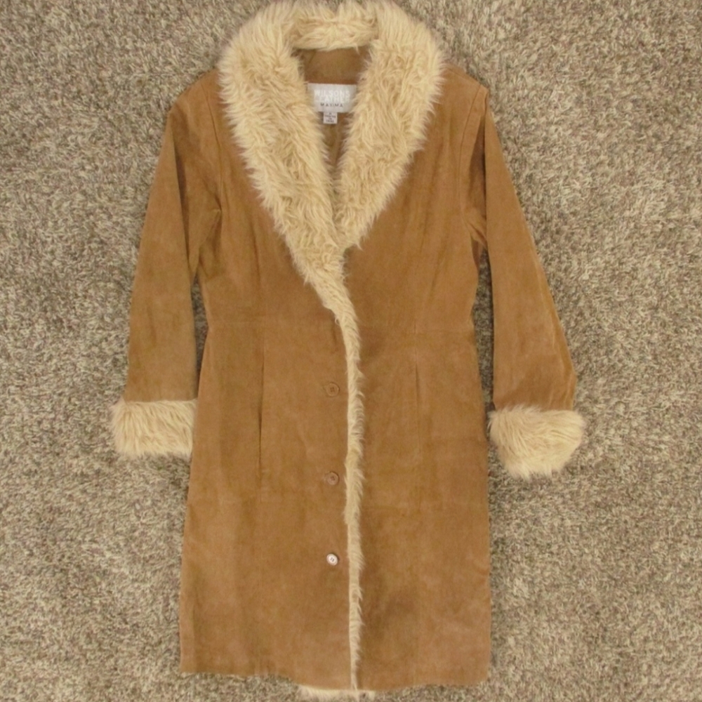 Wilsons Leather Brown Suede Trench Coat with Cream Faux Fur